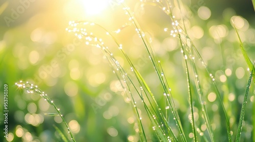 Beautiful grass flowers in the morning, covered in dew, with sunlight reflecting off each drop, set against a naturistic background photo