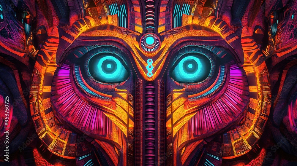 Naklejka premium Bright neon geometric patterns illuminate a dark background, creating a captivating digital artwork with a futuristic vibe