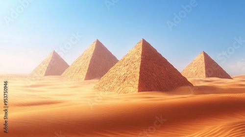 Beautiful sand pyramids in a serene desert, with a realistic background of vast dunes and a clear, expansive sky