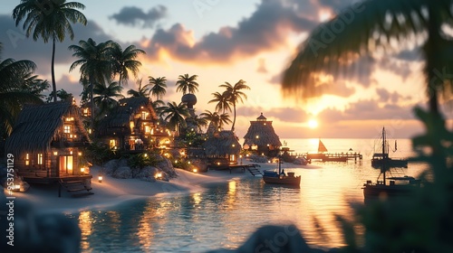 Tropical sunset at a secluded beach resort with wooden bungalows near the serene blue ocean and lush mountains in the background