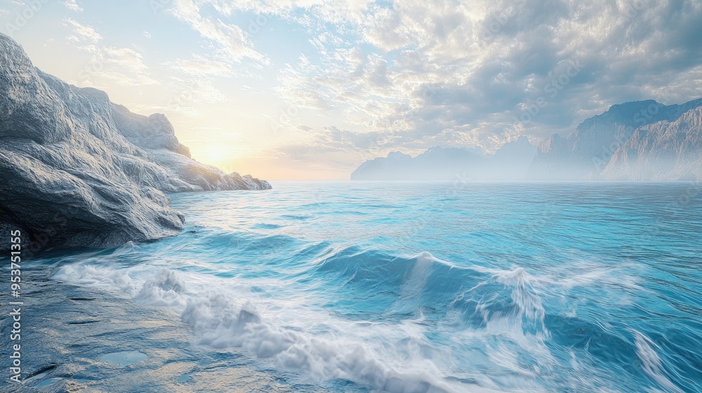 Beautiful stone seashore with swirling ocean water, set against a realistic background of rocky cliffs and a tranquil horizon Beautiful stone seashore with swirling ocean water, set against a realistic background of rocky cliffs and a tranquil horizon