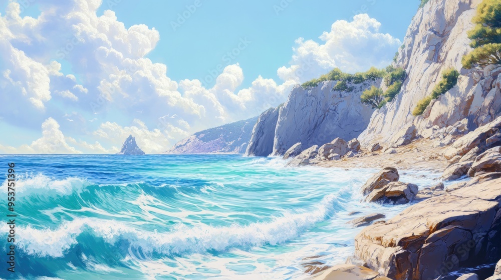 Beautiful stone seashore with swirling ocean waves, featuring a realistic background of rocky cliffs and clear skies Beautiful stone seashore with swirling ocean waves, featuring a realistic background of rocky cliffs and clear skies