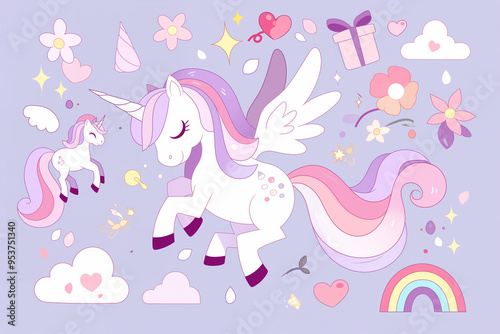 Unicorns collection. Vector illustration of cute cartoon multicolored Unicorns with rainbow mane. 