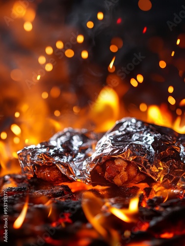 A close-up shot of food wrapped in foil, sizzling over hot coals. The flames create a warm and inviting atmosphere.  The image symbolizes heat, cooking, deliciousness, and the joy of outdoor dining. photo