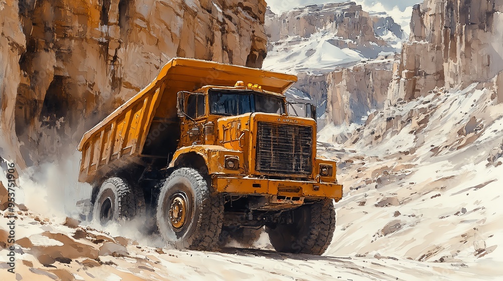 Dump truck in a canyon, dwarfed by towering cliffs, grand scale, watercolor style Dump truck in a canyon, dwarfed by towering cliffs, grand scale, watercolor style