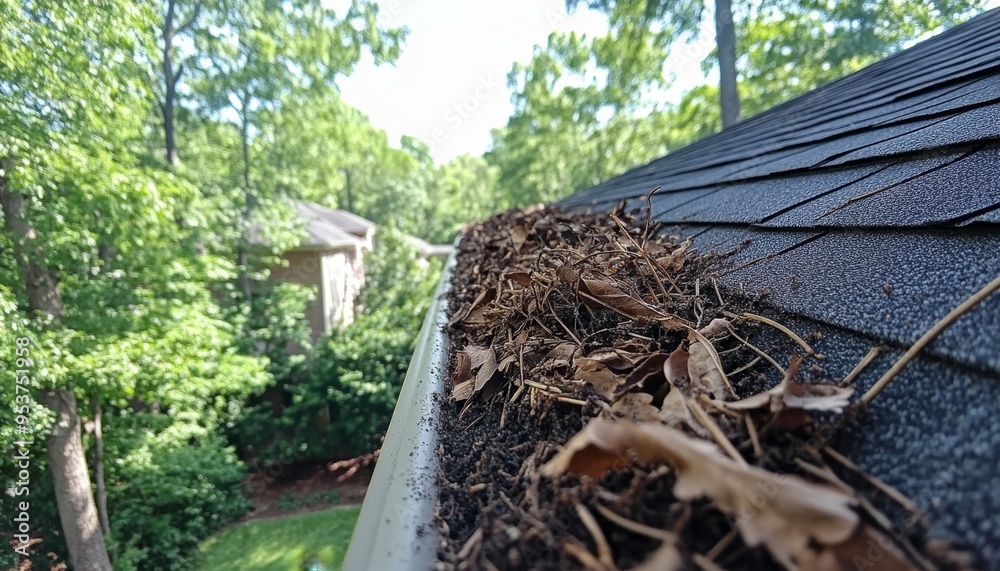Obraz premium Creative Abstract Design of Gutter Debris Accumulation: Seasonal Roof Cleaning Concept. Autumn Leaves and Trash Removal for Marketing Backgrounds and Bestseller Promotions. High-Resolution 4K Wallpape