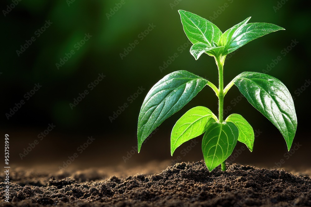 Fototapeta premium A small green plant sprouts from dark, fertile soil in gentle light