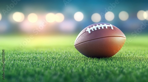 Close-up of a football on green grass, with a blurred background highlighting a vibrant game atmosphere.