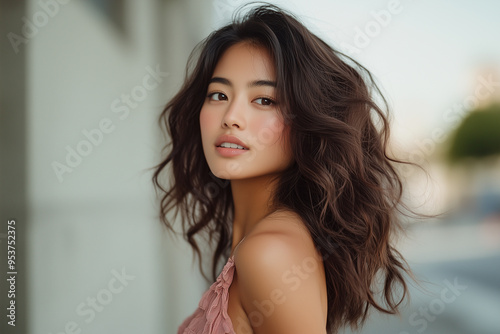 Close-up of a young pretty Asian woman in a pink top with blurred background. photo