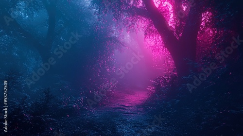 Mysterious purple and pink hues illuminate a foggy forest at dusk, creating a dreamlike atmosphere among the towering trees