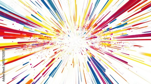 Dynamic exploding star pattern featuring red, yellow, blue, and purple lines, radiating outward on a white background, enriched with a gradient effect