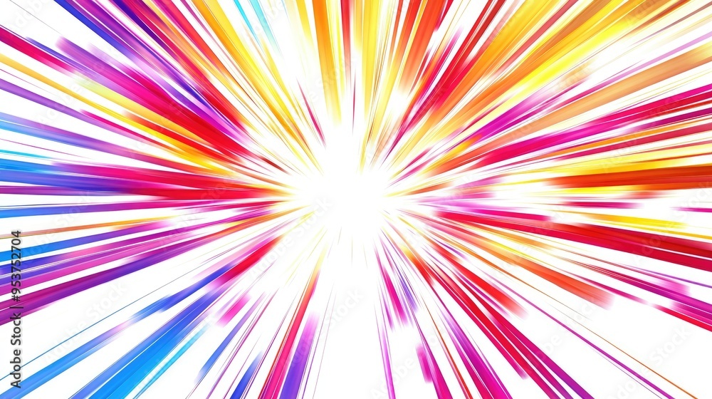 Obraz premium Dynamic exploding star pattern featuring red, yellow, blue, and purple lines, radiating outward on a white background, enriched with a gradient effect