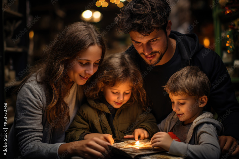 A family gathers around a storybook, sharing laughter and joy as they read together in a warmly lit room A family gathers around a storybook, sharing laughter and joy as they read together in a warmly lit room