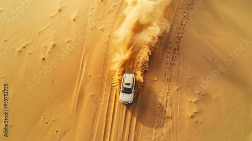 Drone captures driver s risky desert ride with pickup car in sunny day photo