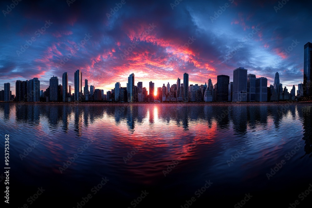 Fototapeta premium Amazing Sunset Cityscape, Red, and Reflections depicted in an urban setting where the sunset turns the sky red, with skyscrapers reflecting the vibrant colors