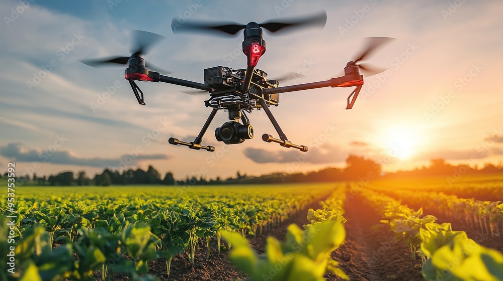 Large Drone Flying Over Farm Crops at Sunset Large Drone Flying Over Farm Crops at Sunset