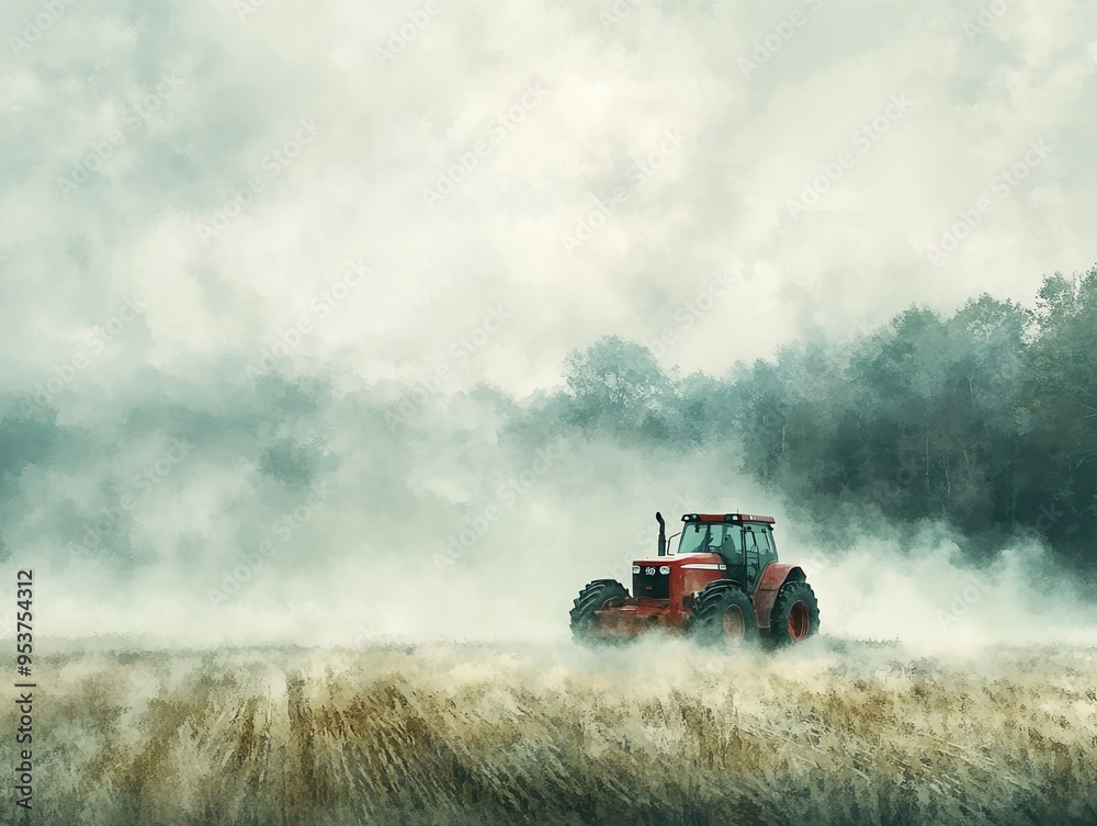 Fototapeta premium Grader moving through a foggy field, ethereal atmosphere, watercolor style
