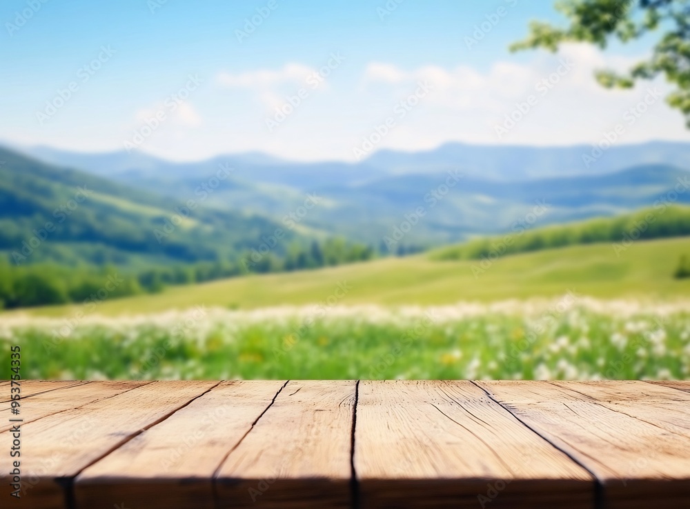 Spring background with a wooden table top and a blurred green meadow landscape Spring background with a wooden table top and a blurred green meadow landscape