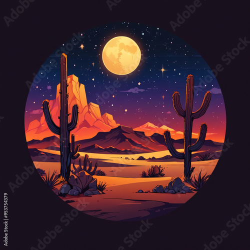 illustration of two cactus trees in the desert at night with a full moon