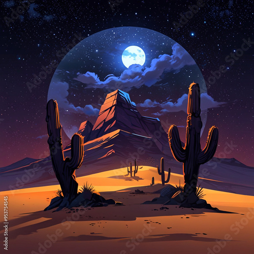 illustration of two cactus trees in the desert at night with a full moon
