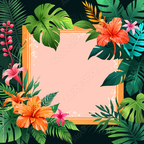 illustration background frame of tropical flowers and beautiful leaves