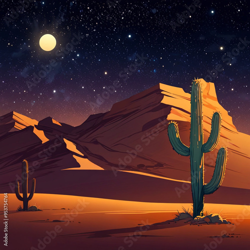 illustration of two cactus trees in the desert at night with a full moon