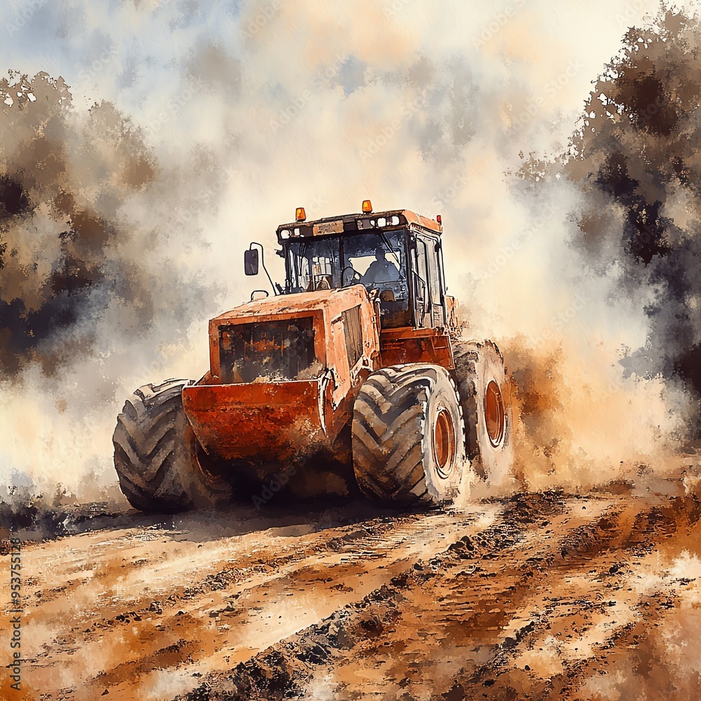 Road roller covered in dust, rugged terrain, heavy machinery at work, watercolor style Road roller covered in dust, rugged terrain, heavy machinery at work, watercolor style