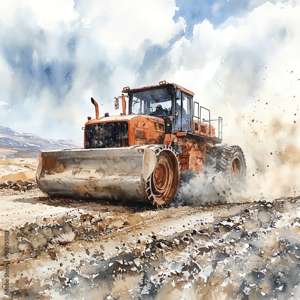 Road roller covered in dust, rugged terrain, heavy machinery at work, watercolor style Road roller covered in dust, rugged terrain, heavy machinery at work, watercolor style