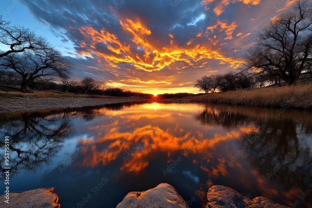 Amazing Sunset River, Golden Hour, and Reflection shown in a river setting where the sunset’s golden light reflects off the water, creating a mirror-like image of the sky Amazing Sunset River, Golden Hour, and Reflection shown in a river setting where the sunset’s golden light reflects off the water, creating a mirror-like image of the sky
