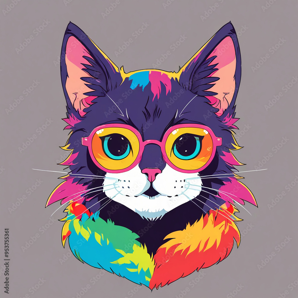 illustration of a cute cat wearing glasses with colorful fur illustration of a cute cat wearing glasses with colorful fur