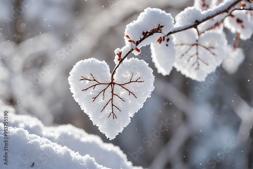 there is a heart shaped leaf hanging from a branch covered in snow                         photo