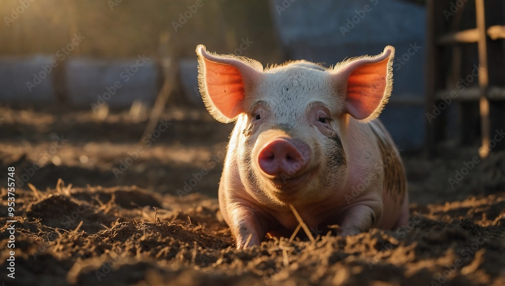 Happy pig basking in the sunlight, surrounded by a soft-focus natural setting. Happy pig basking in the sunlight, surrounded by a soft-focus natural setting.