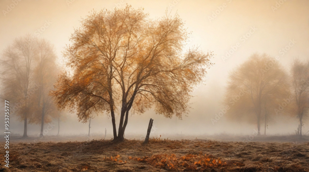 Idyllic tranquil scene of early foggy morning in the autumn forest Idyllic tranquil scene of early foggy morning in the autumn forest