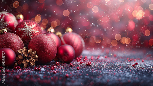 christmas decoration background with red balls and stars, boke	