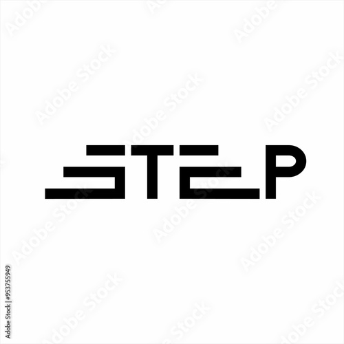 Design the word "Step" with illustrations of stairs going up and down on the letters S and E.