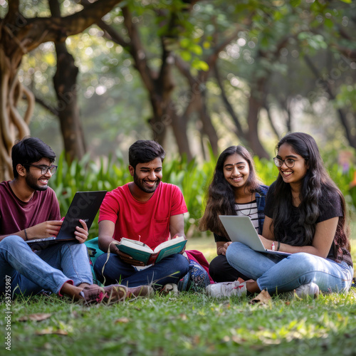 indian college student group studying at park