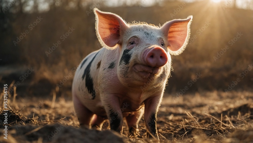 Happy pig basking in the sunlight, surrounded by a soft-focus natural setting. Happy pig basking in the sunlight, surrounded by a soft-focus natural setting.