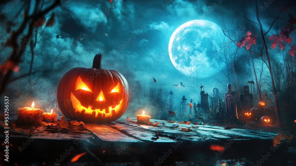 Naklejka premium Halloween background with pumpkin head jack lantern with burning candles 