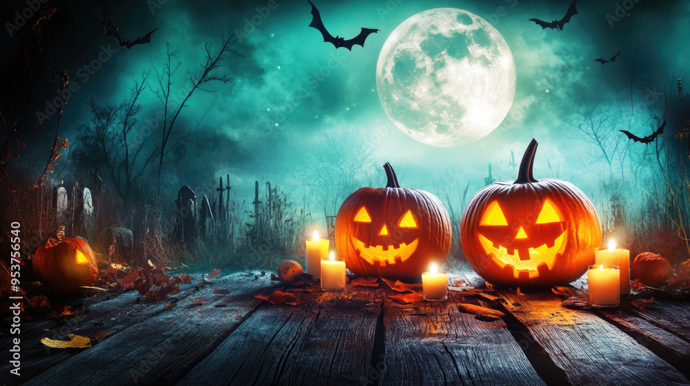 Halloween background with pumpkin head jack lantern with burning candles Halloween background with pumpkin head jack lantern with burning candles