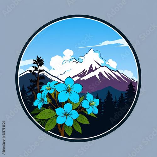 illustration of blue frangipani flowers with a mountain background