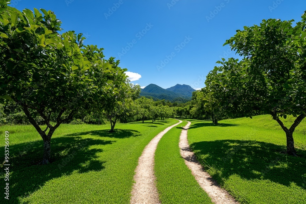 Fototapeta premium Apple Garden Organic Farming, Eco-friendly Practices, and Conservation depicted in a sustainable orchard where apple trees are cultivated using organic methods, surrounded by diverse wildlife