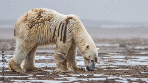 Emaciated Polar Bear Foraging in Snow-Covered Arctic Landscape
 photo