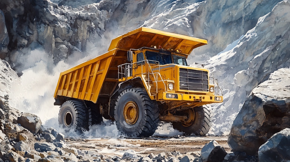 Bright yellow dump truck in a quarry, surrounded by large boulders, watercolor style Bright yellow dump truck in a quarry, surrounded by large boulders, watercolor style