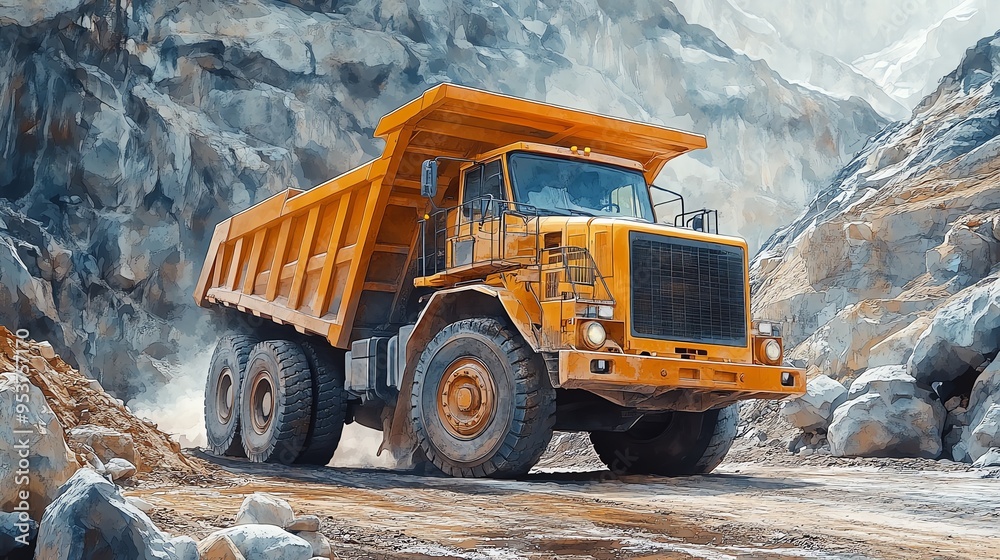 Bright yellow dump truck in a quarry, surrounded by large boulders, watercolor style Bright yellow dump truck in a quarry, surrounded by large boulders, watercolor style
