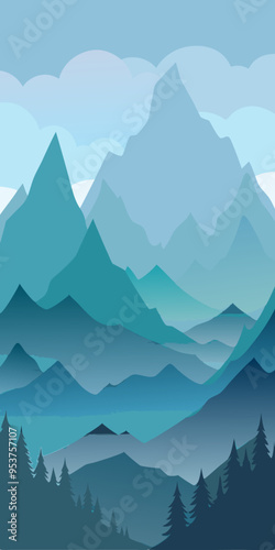  A minimalist digital illustration of a mountain landscape, featuring a series of layered blue and teal peaks, with a forest silhouetted in the foreground.
