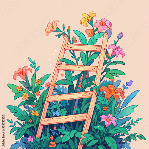 illustration of stairs with beautiful blooming flowers