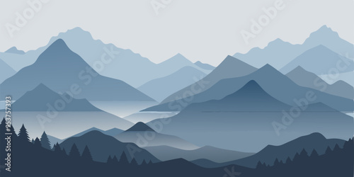  A serene landscape of misty blue mountains, creating a calming and peaceful atmosphere.  The layered peaks suggest depth and tranquility, perfect for minimalist designs, nature-inspired themes.