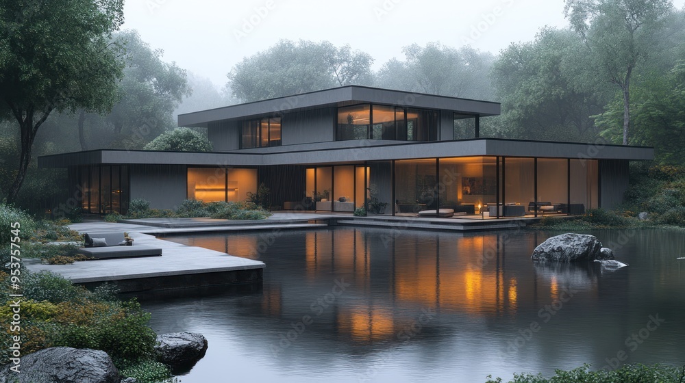 Modern house by a serene pond in a misty environment. Modern house by a serene pond in a misty environment.