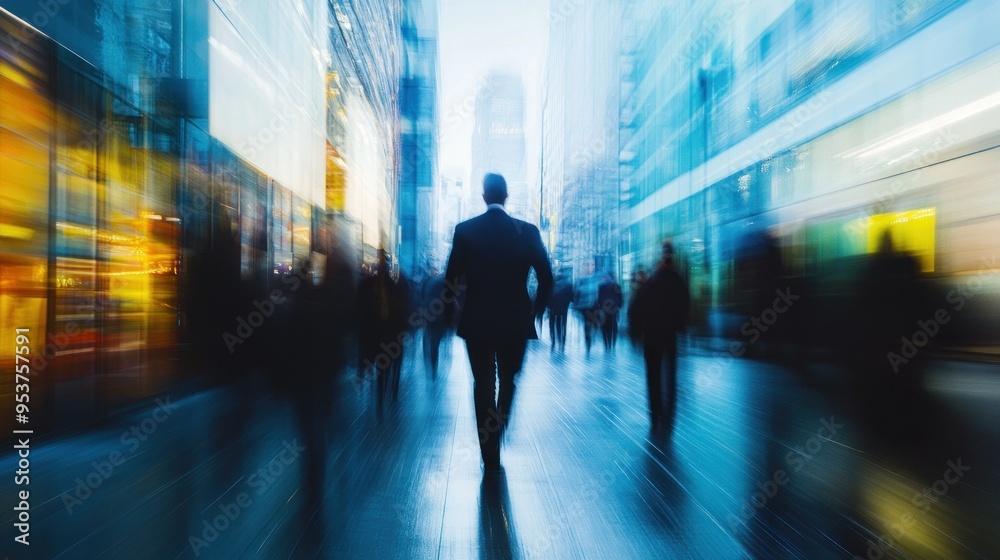 A Single Figure Walks Through a Blurred Cityscape A Single Figure Walks Through a Blurred Cityscape