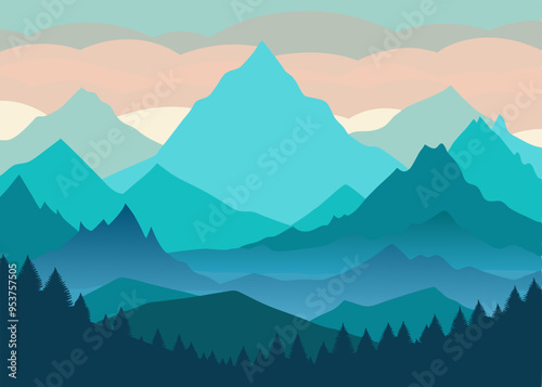  A stunning minimalist illustration of a mountain range at sunset, featuring layered peaks and a hazy sky. This simple yet impactful design is perfect for adding a touch of serenity to any project.